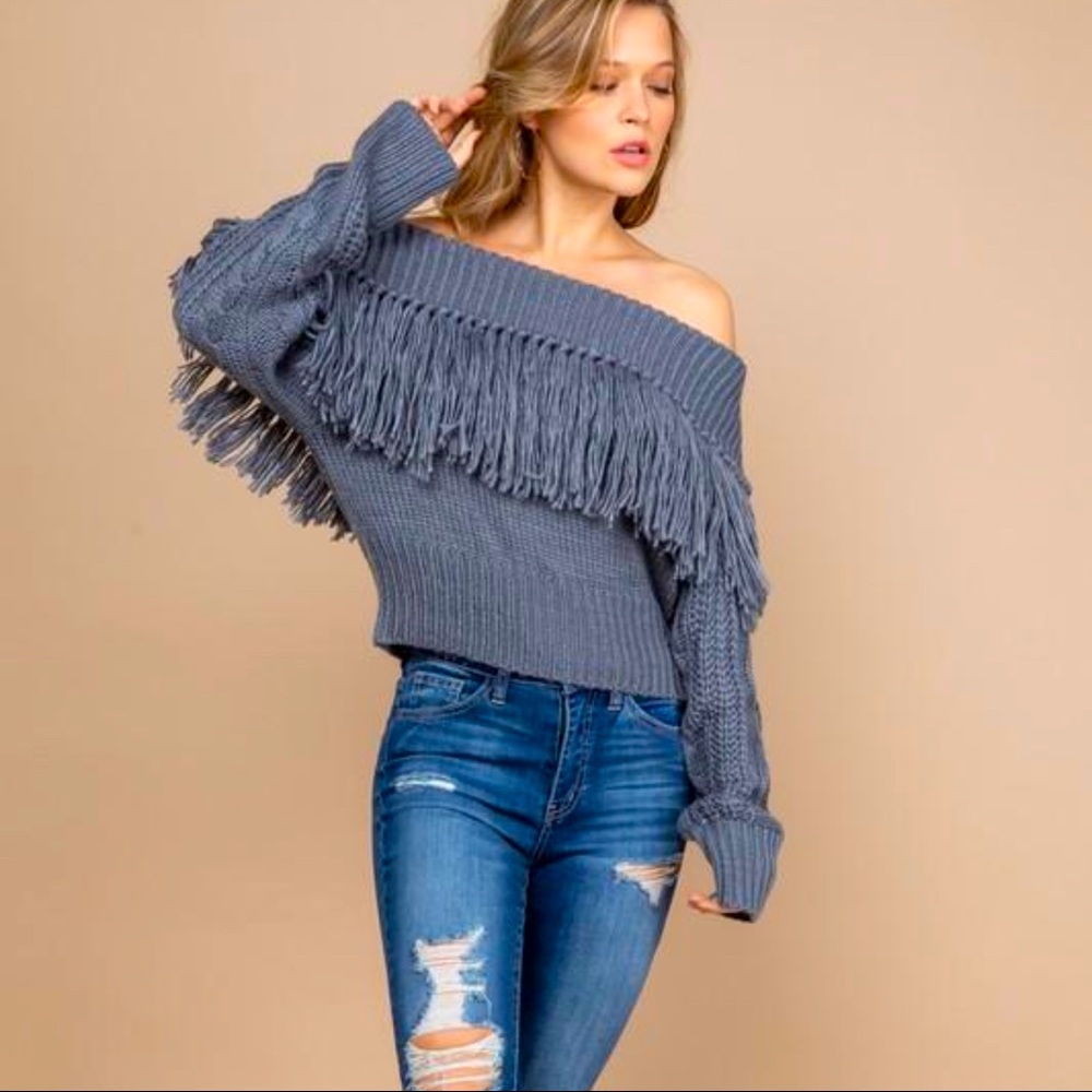 Gray fringe sweater